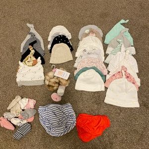 Baby socks, beanies, and mittens